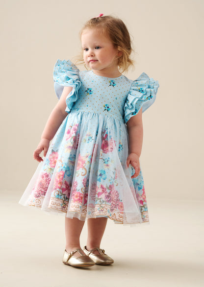 Izzy Printed Tulle Ruffle Sleeve Dress