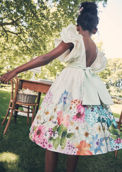 Emillie Ivory Print Border Tie Sash Dress