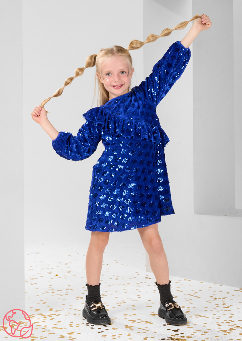 Elsie Velvet Sequin Ruffle Blue Dress